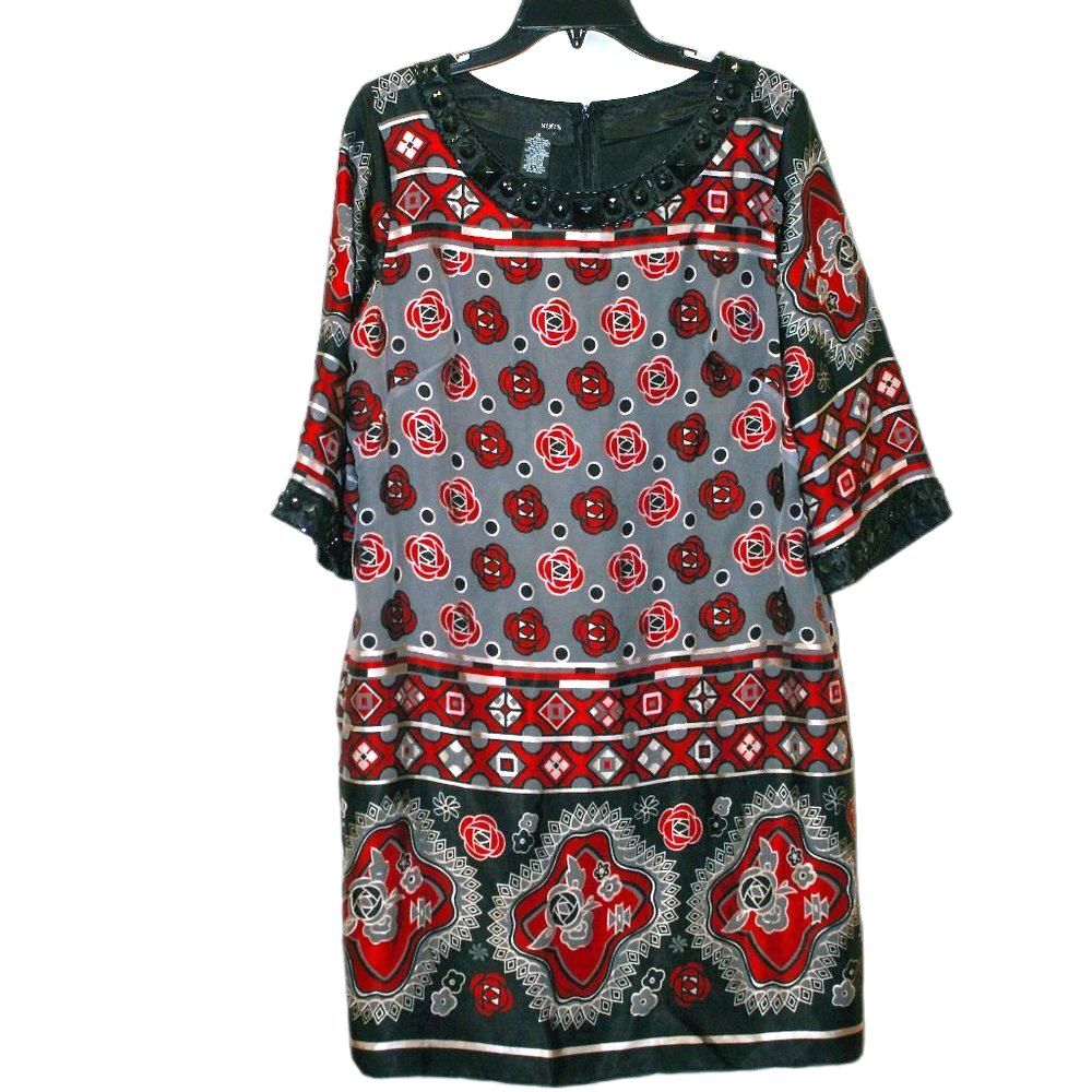 Mix‎ IT dress  3/4 sleeve grey burg black bead work around neck 12